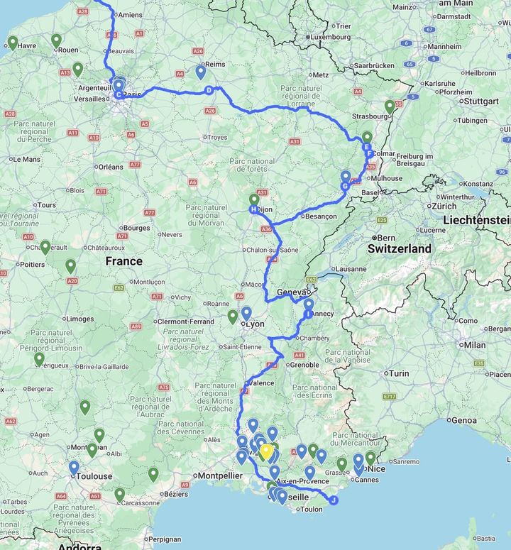 Map of our 18-day France road trip route